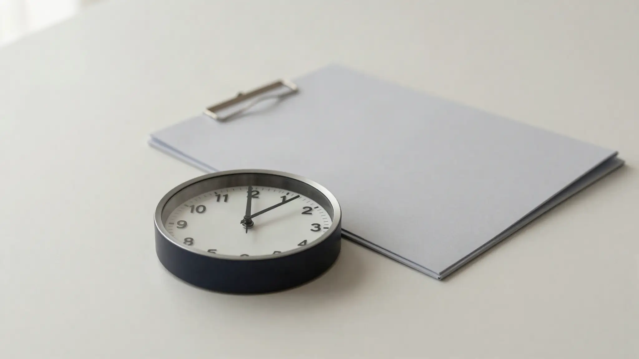 Un reloj redondo junto a una carpeta cerrada de documentos
